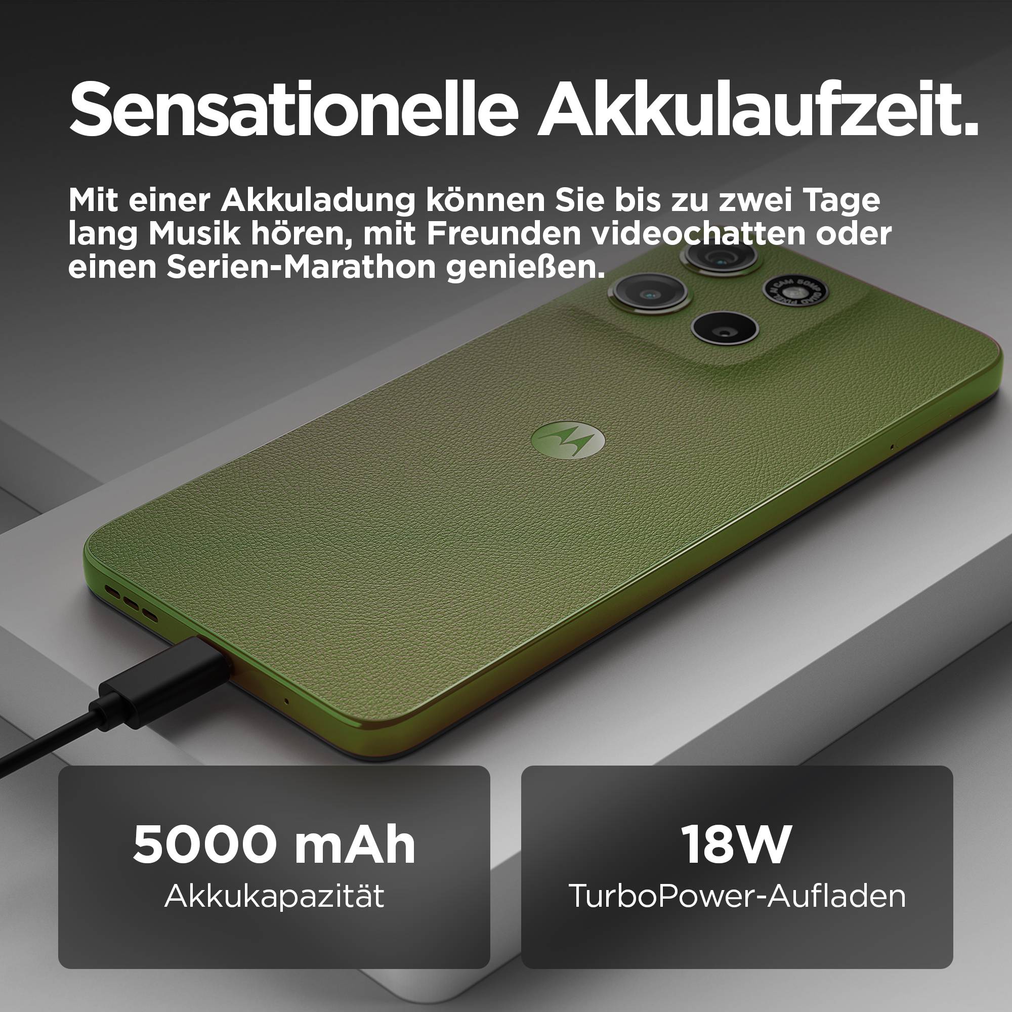 Ein grünes Smartphone mit langer Akkulaufzeit wird über ein Kabel geladen. Text betont 5000 mAh und 18W TurboPower-Aufladen.