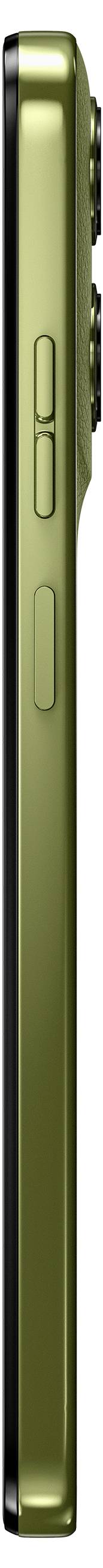 Seitenansicht eines schlanken grünen Smartphones mit zwei Lautstärketasten und einer runden Kameraerhebung.