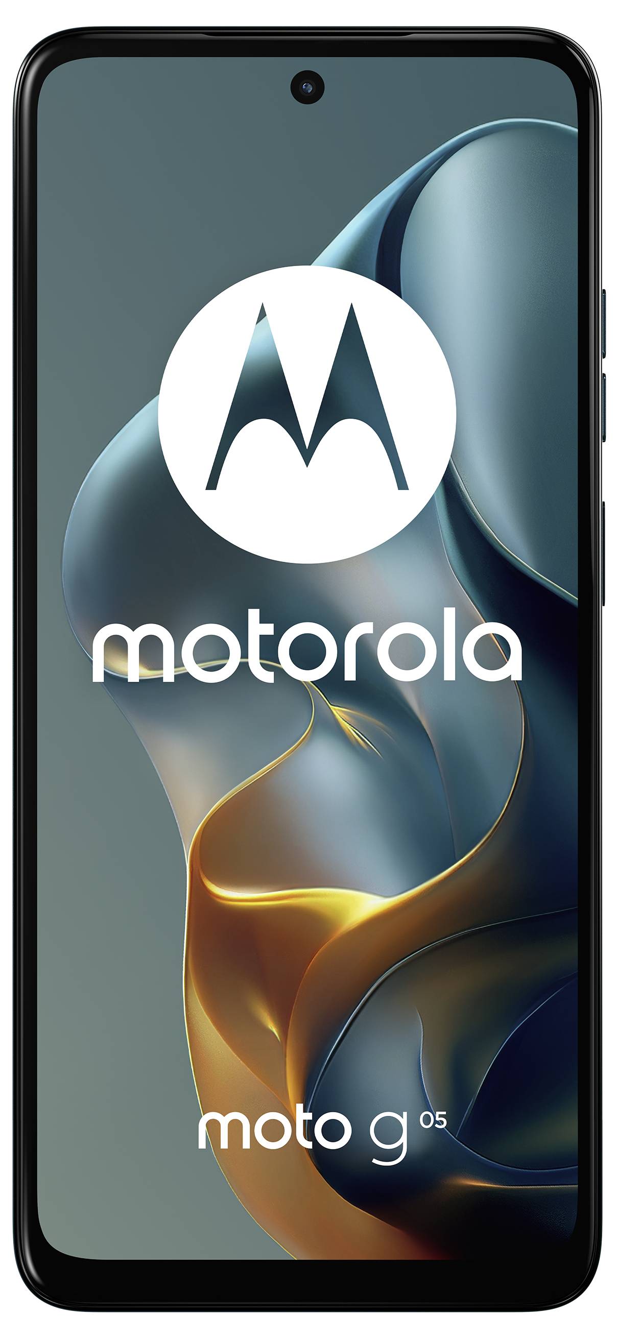 Vorderansicht eines Smartphones mit dem Motorola-Logo und dem Text "moto g 05" auf dem Bildschirm, mit einem eleganten, modernen Design.