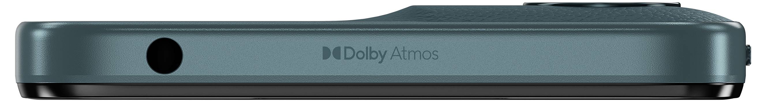 Eine Nahaufnahme der oberen Kante eines Smartphones in Blaugrün, mit einer 3,5-mm-Kopfhörerbuchse auf der linken Seite und dem "Dolby Atmos"-Branding in der Mitte.
