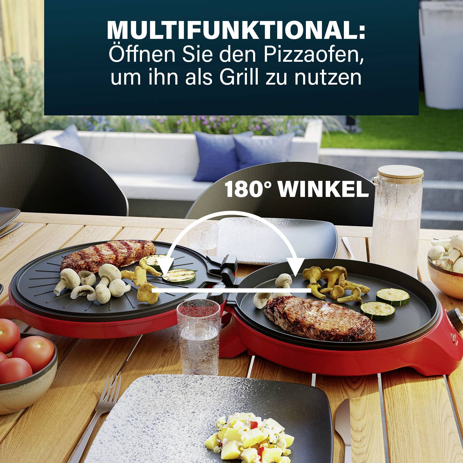 Multifunktionaler Pizzaofen auf Tisch im Garten. Ein Pfeil demonstriert 180° Drehfunktion zum Grillen von Gemüse und Fleisch.