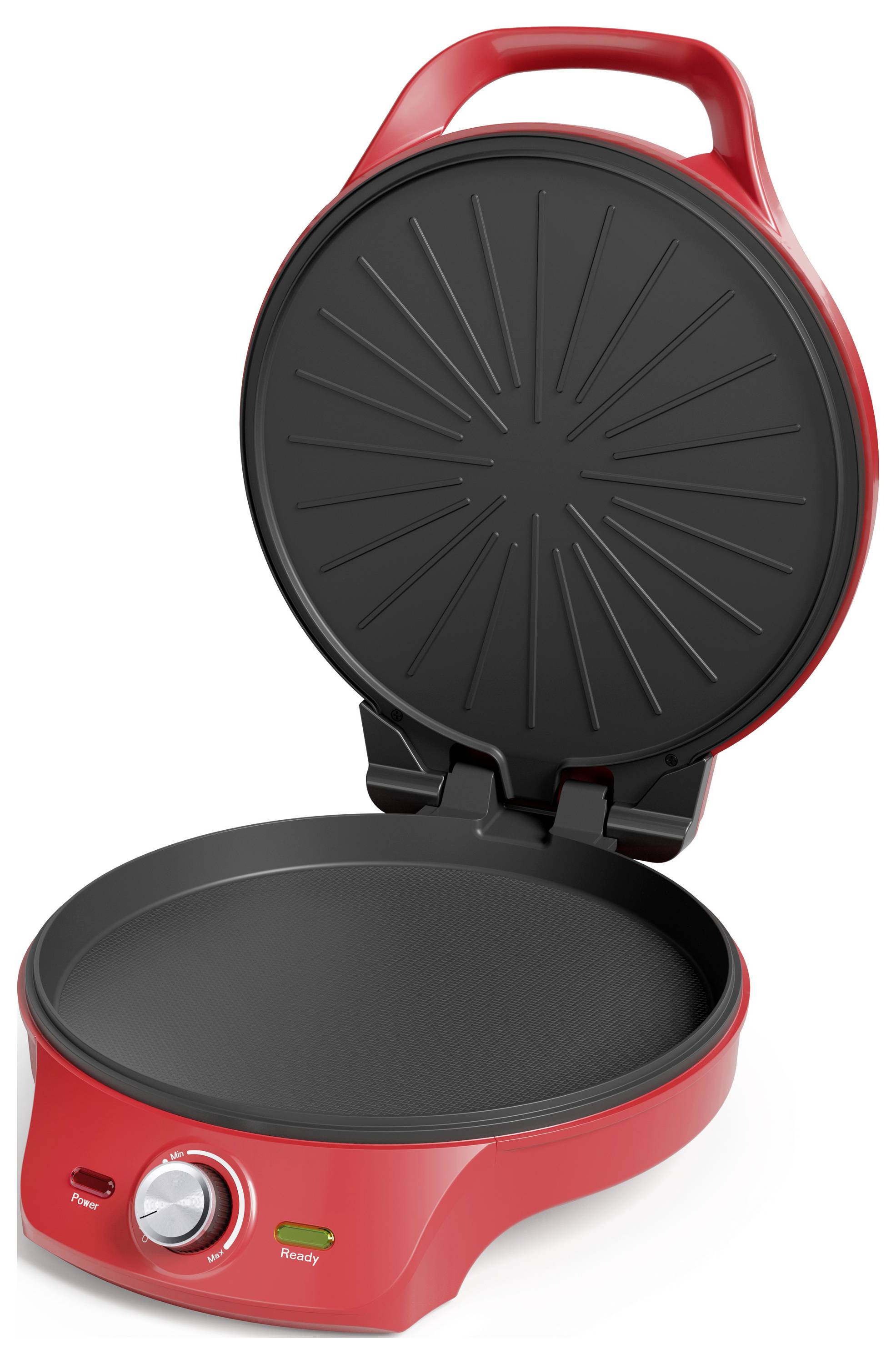 Ein rotes Küchengerät mit einem runden, antihaftbeschichteten Grillaufsatz und einem Griff. Es hat ein Timer-Zifferblatt und Kontrollleuchten.