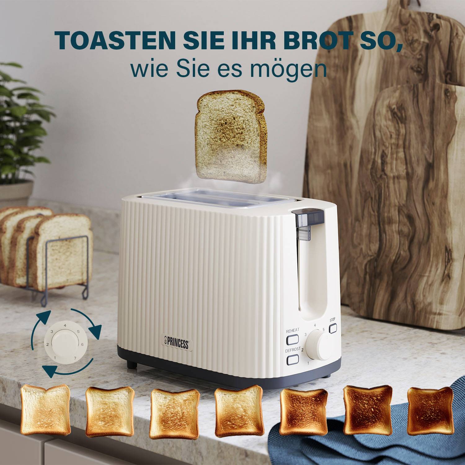 Ein Toaster mit Brot zeigt verschiedene Bräunungsgrade, von hell bis dunkel. Text oben im Bild: 'Toasten Sie Ihr Brot so, wie Sie es mögen'.