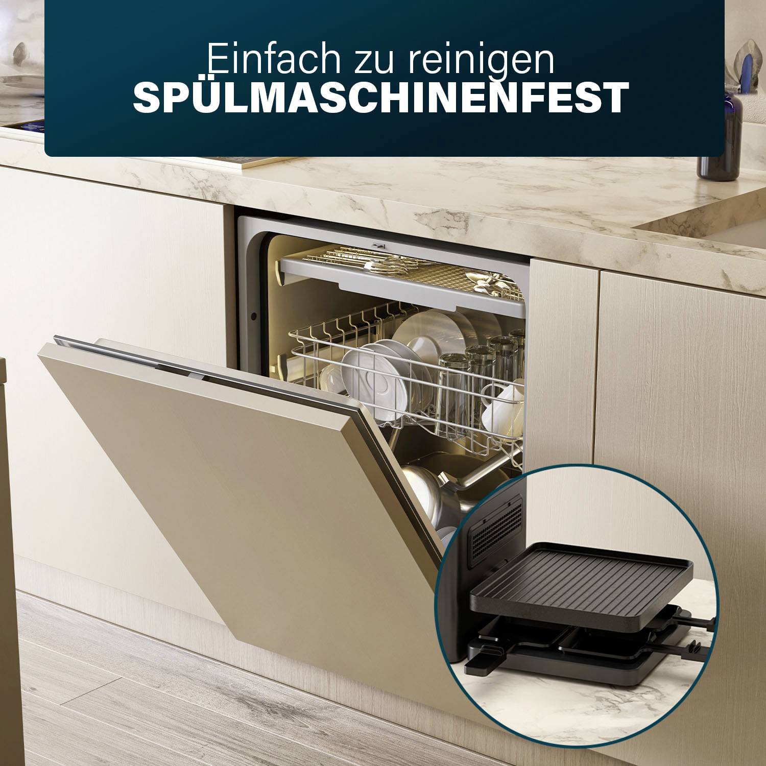 Eine offene Spülmaschine mit Geschirr innen. Über dem Bild steht 'Einfach zu reinigen, SPÜLMASCHINENFEST'.