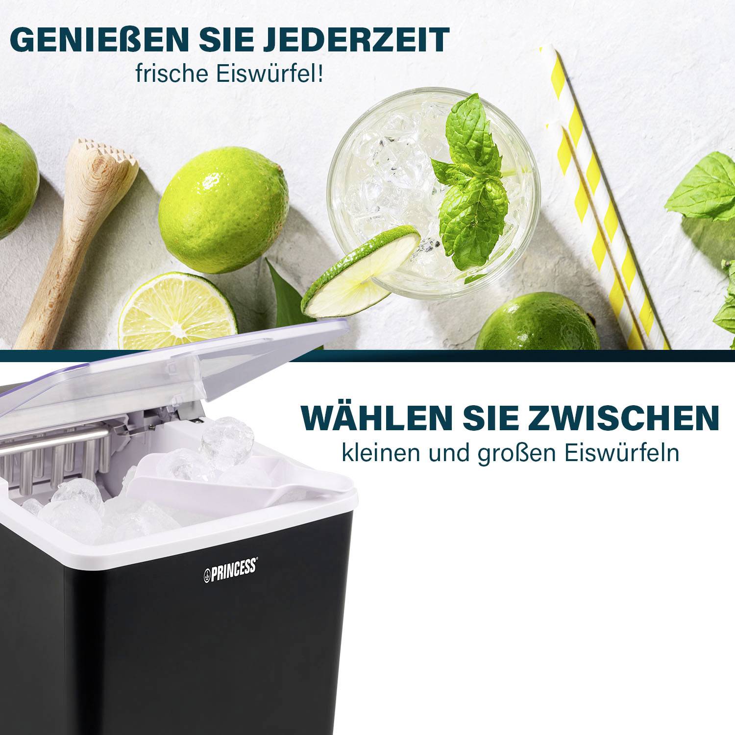 'Genießen Sie jederzeit frische Eiswürfel. Wählen Sie zwischen kleinen und großen Eiswürfeln.' Bild mit Limetten, Eiswürfel und Maschine.