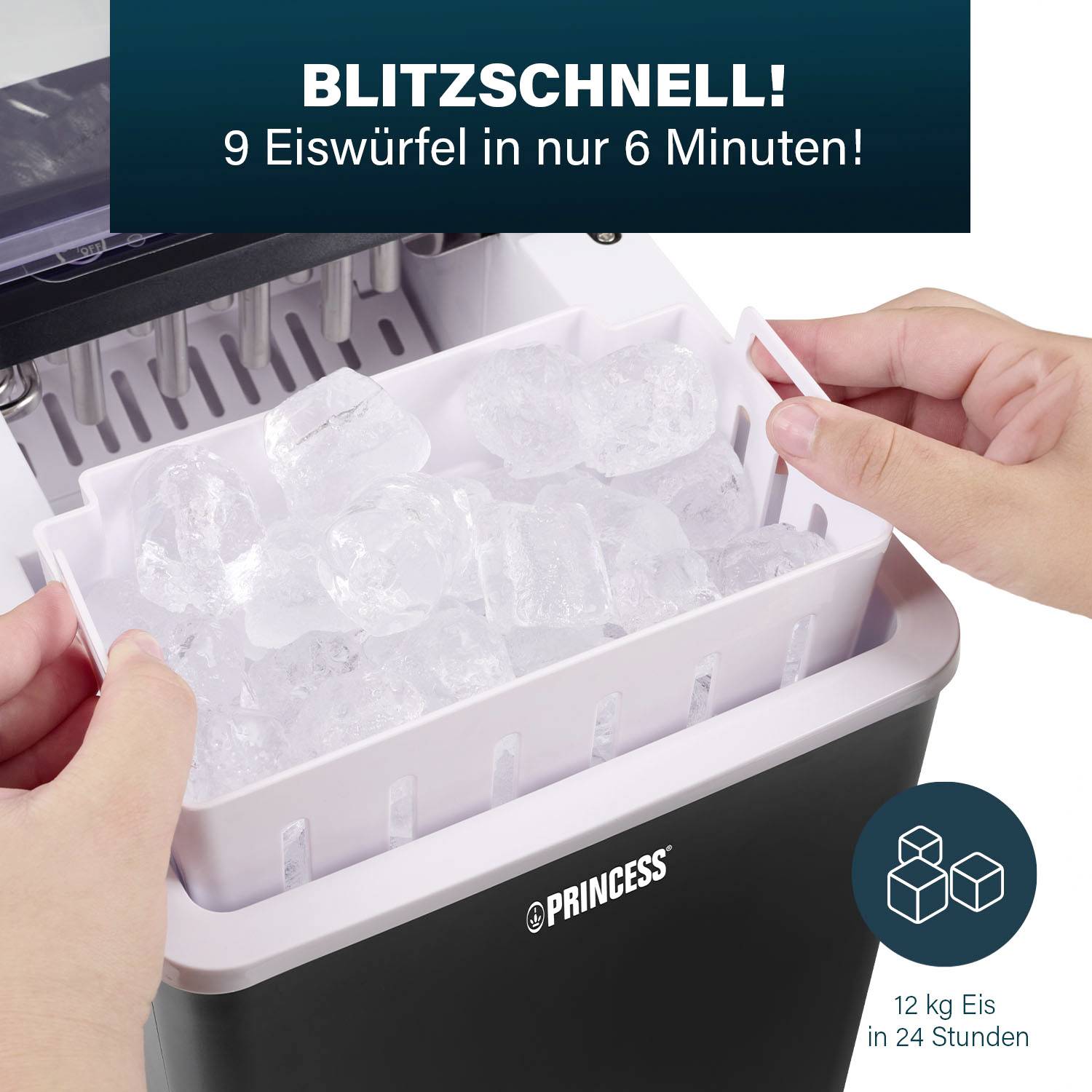 'Eismaschine mit offenem Deckel zeigt Einsätze mit Eiswürfeln. Text: Blitzschnell! 9 Eiswürfel in nur 6 Minuten! 12 kg Eis in 24 Stunden.'