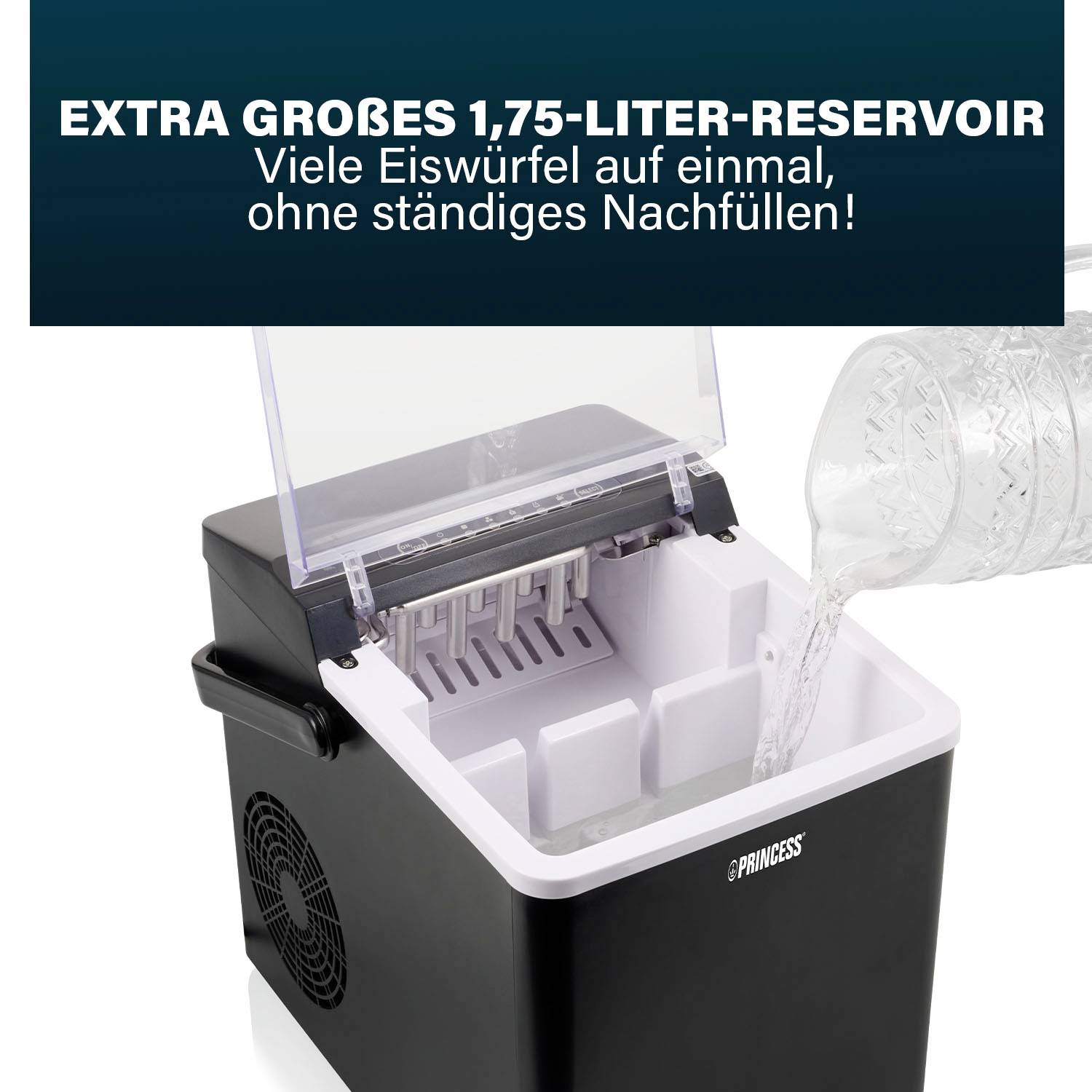 Eiswürfelmaschine mit offenem Deckel. Container mit Wasser wird eingefüllt. Text: 'Extra großes 1,75-Liter-Reservoir'.