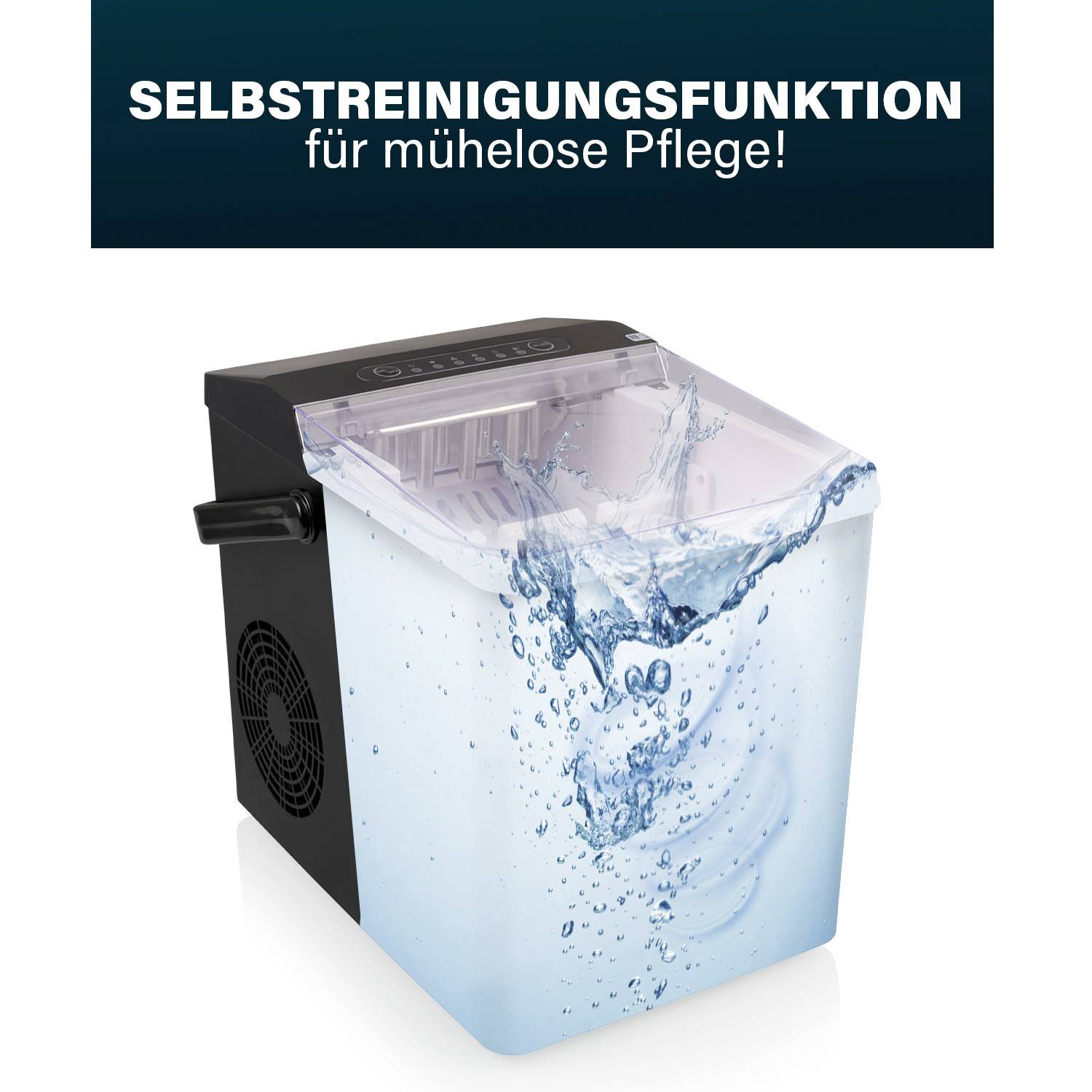 'Eismaschine mit Wassertank und blauem Wasserspritzer. Text: Selbstreinigungsfunktion für mühelose Pflege.'