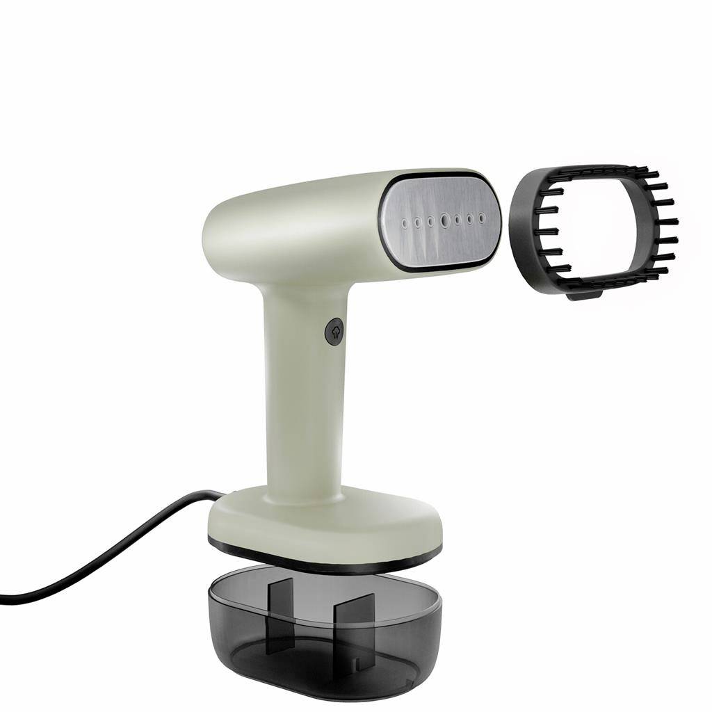 Handdampfer in hellgrün mit abnehmbarem Bürstenaufsatz, auf einer abnehmbaren Wasserbasis stehend. Ideal zum schnellen Glätten von Kleidung.