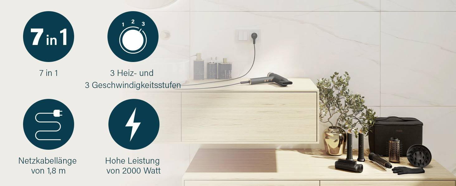 'Fön-Set mit 7 Funktionen, 3 Heiz- und Geschwindigkeitsstufen, 1,8 m Kabel, 2000 Watt Leistung. Abgebildet im Badezimmer.'