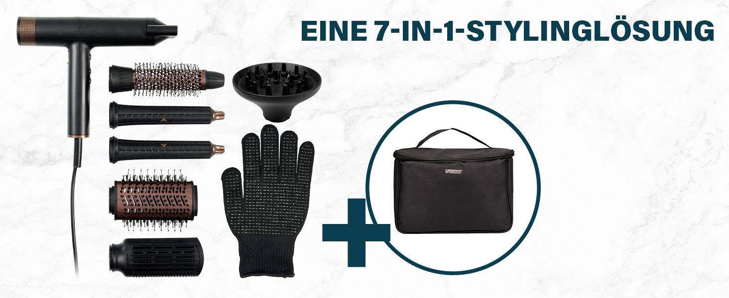 Ein Set von Haarstyling-Werkzeugen bestehend aus einem Haartrockner, mehreren Bürstenaufsätzen, einem Diffusor, einem Handschuh und einer Tragetasche. Text 'Eine 7-in-1-Stylinglösung'.