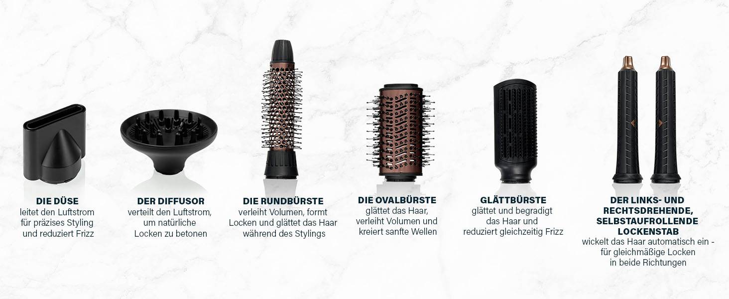 Sechs verschiedene Haarstyling-Aufsätze nebeneinander, jeder mit spezifischer Funktion zur Frisurenvariation und Frizz-Reduzierung beschrieben.