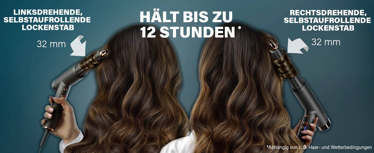 Eine Frau benutzt einen linksdrehenden Lockenstab und eine andere einen rechtsdrehenden, beide mit 32 mm Durchmesser. Text verweist auf 12 Stunden Haltbarkeit.