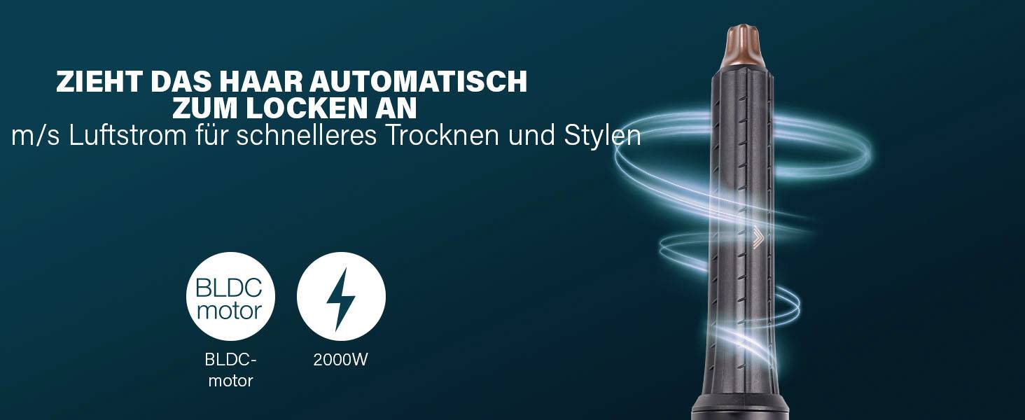 Ein Haarstyling-Gerät zieht automatisch Haare zum Locken an. Informationen über BLDC-Motor und Leistungsstärke von 2000W daneben.
