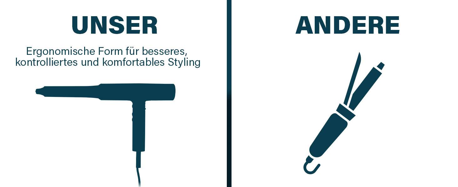'UNSER: Ergonomische Form für besseres, kontrolliertes und komfortables Styling. ANDERE: Einfaches Design.' Darstellungen von zwei unterschiedlichen Friseurwerkzeugen.