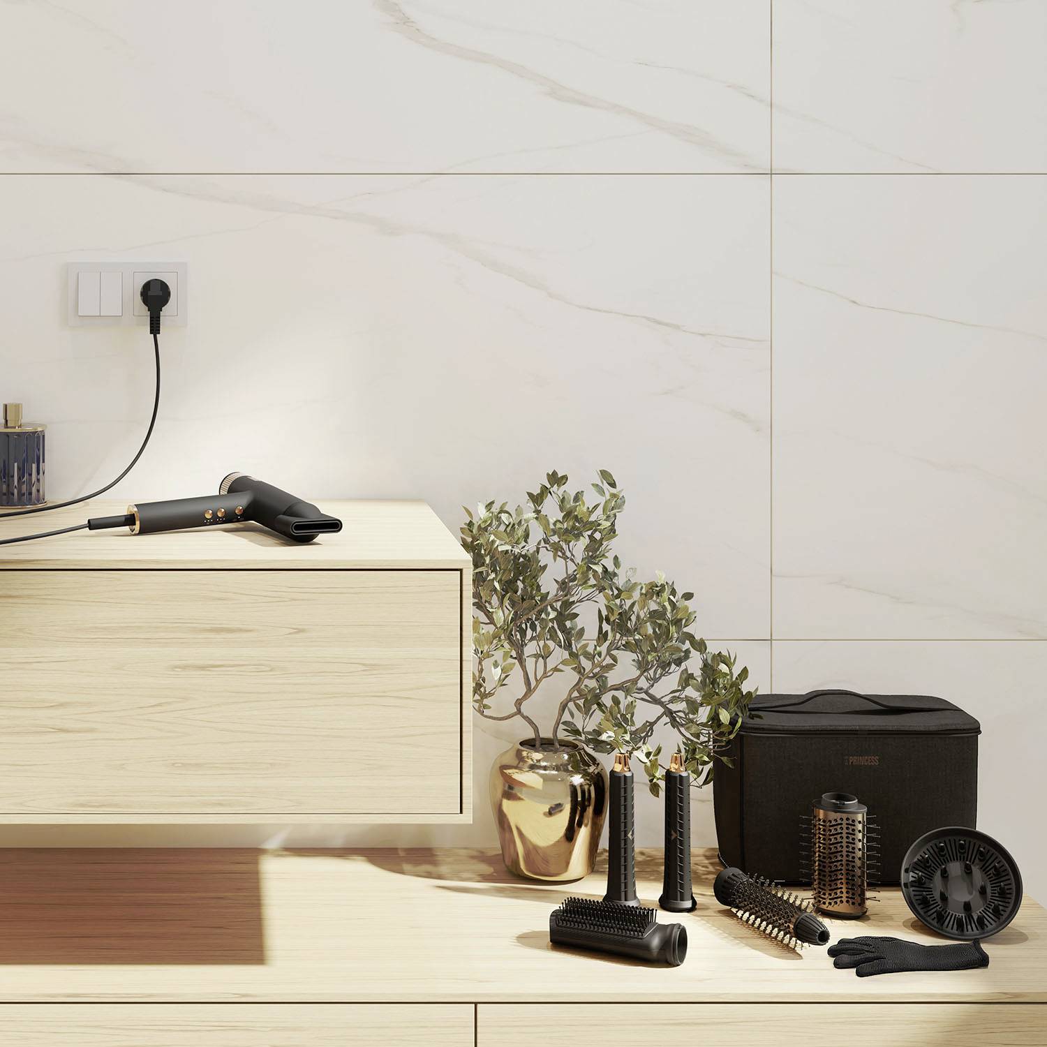 Ein Friseursalon mit einem Haartrockner, Bürsten und Pflanzen auf einem Holzregal, dekoriert in einem modernen, minimalistischen Stil.