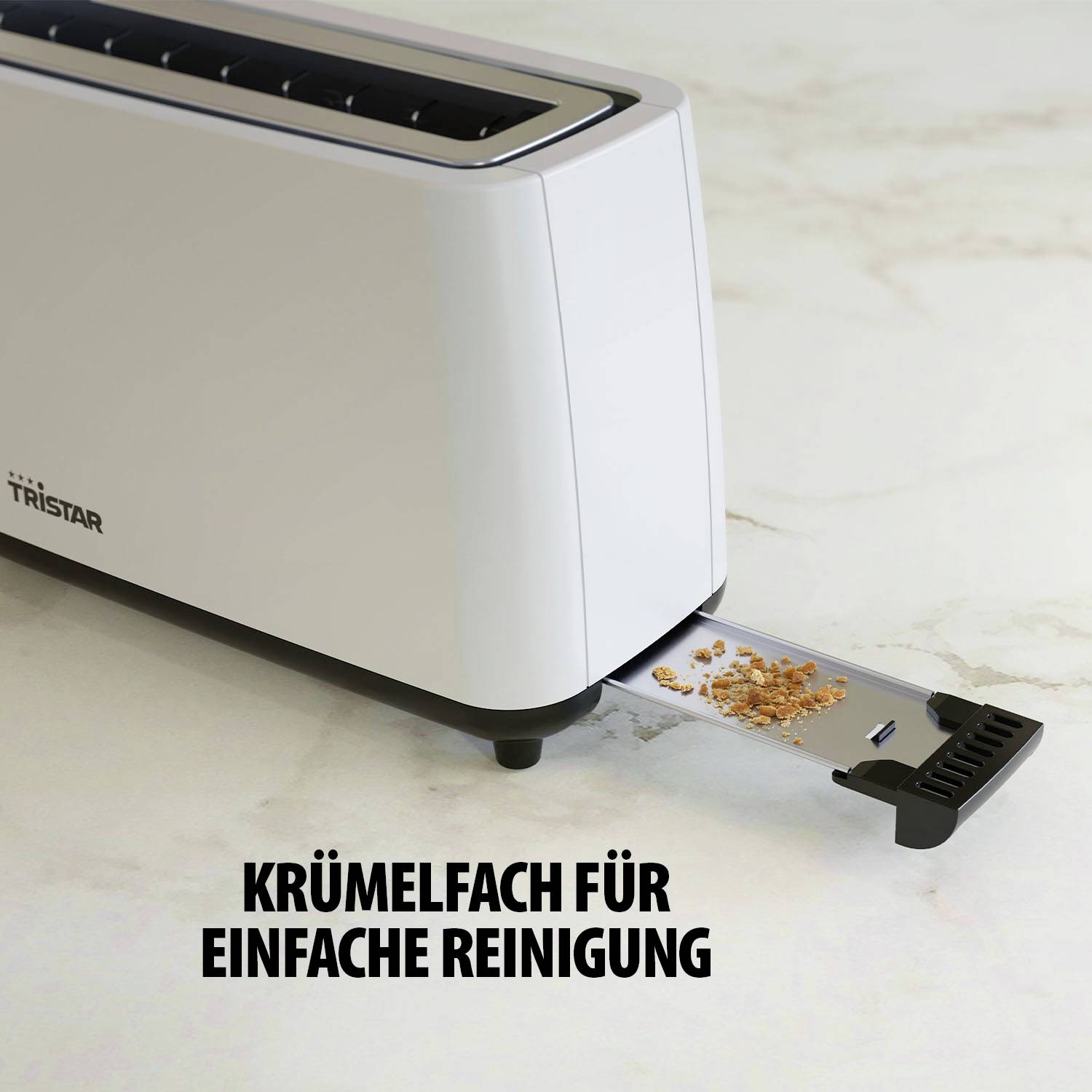 Ein weißer Toaster mit herausziehbarem Krümelbehälter, der Krümel enthält. Text darunter: 'Krümelfach einfache Reinigung'.