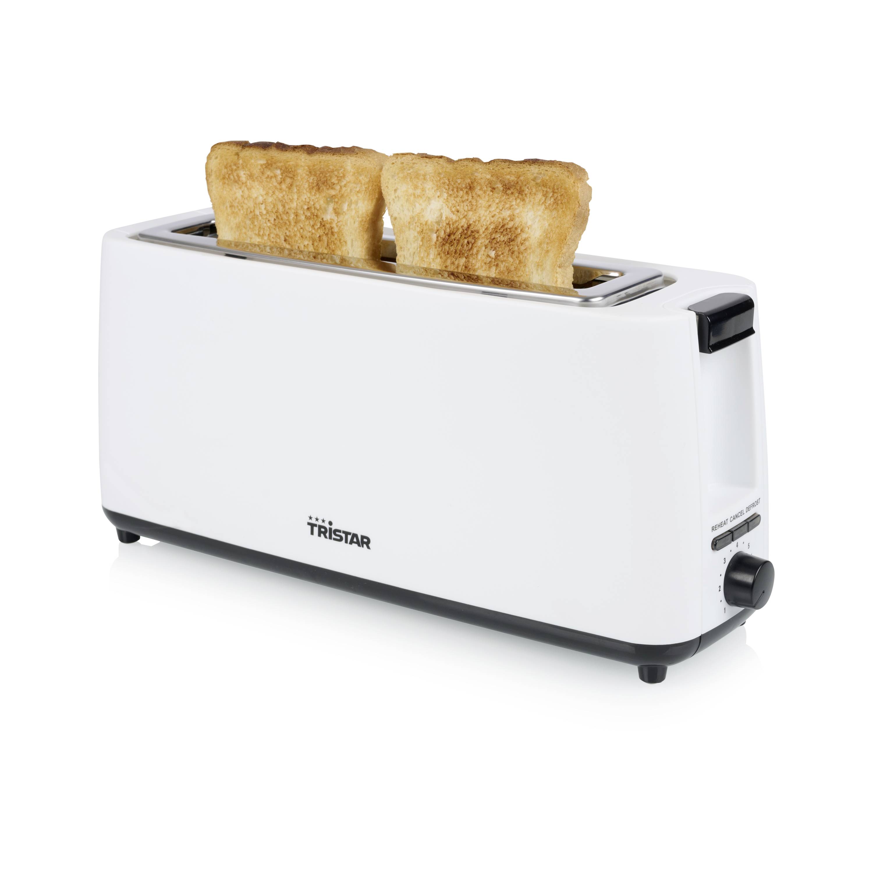 Zwei goldbraune Toastscheiben in einem weißen Toaster, der Marke Tristar. Der Toaster hat einen Schieberegler und Knopf an der Seite.