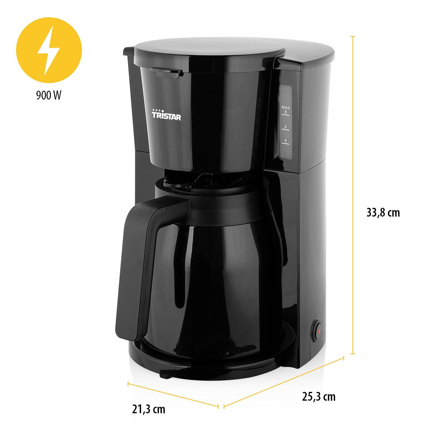 'Tristar Kaffeemaschine, 900 W, Maße: 21,3 cm Breite, 25,3 cm Tiefe, 33,8 cm Höhe, schwarze Farbe.'