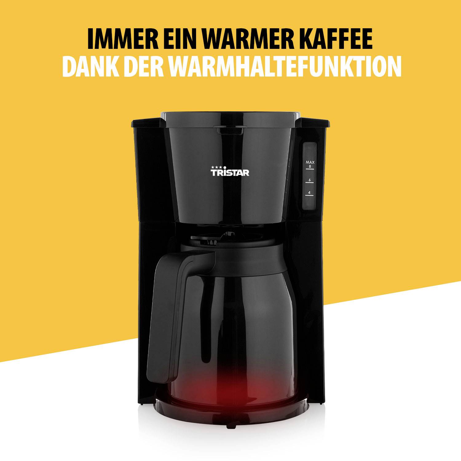 Kaffeemaschine mit Glaskanne auf gelbem Hintergrund. Oben steht: 'Immer ein warmer Kaffee dank der Warmhaltefunktion'.