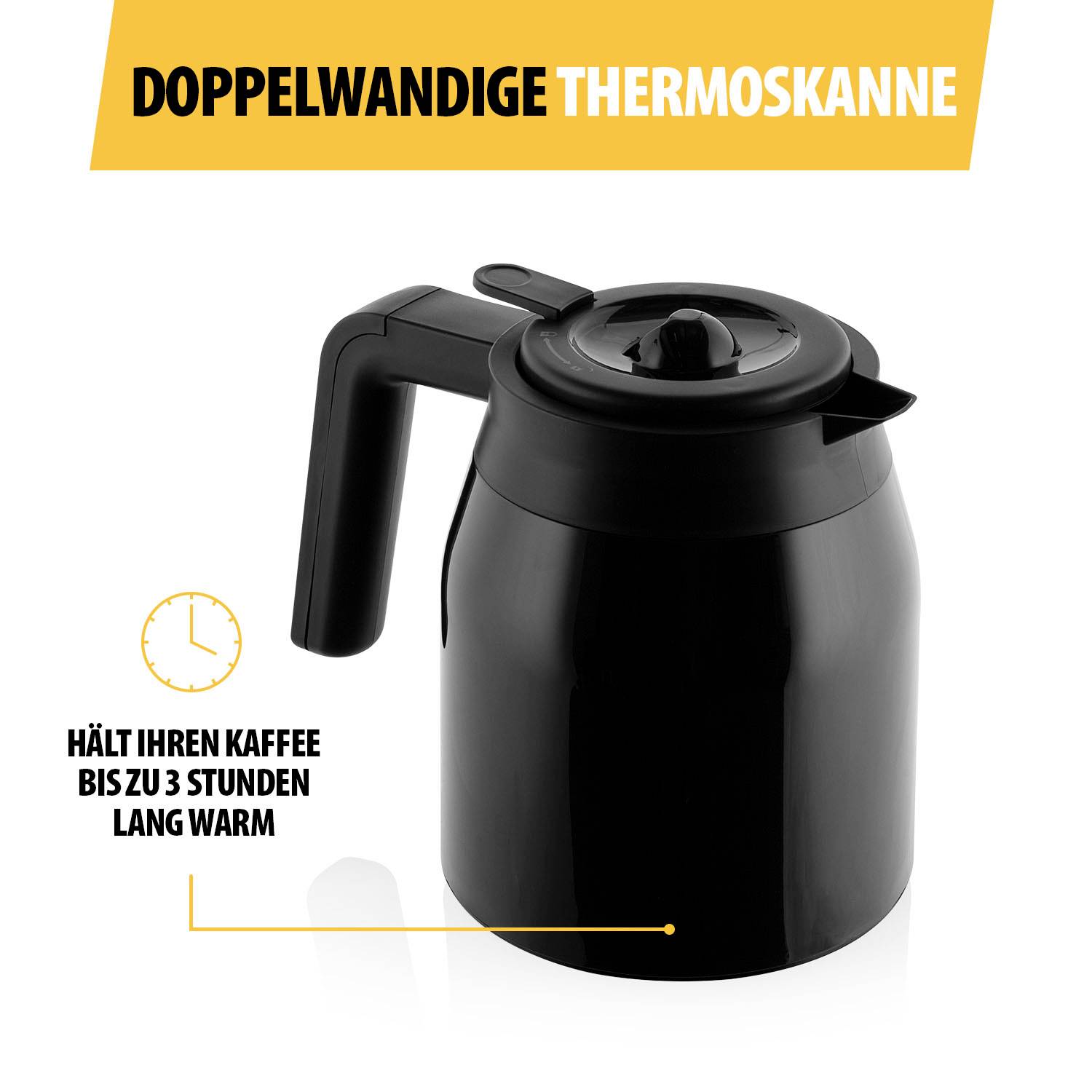 Doppelwandige Thermoskanne hält Kaffee bis zu 3 Stunden warm. Schwarze Kanne mit Henkel, ideal für Heißgetränke.