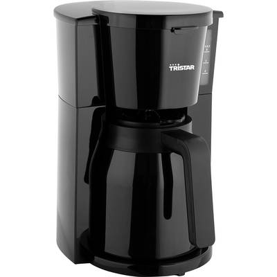 Schwarze Kaffeemaschine mit Kanne, Seitenansicht. Markenname 'Tristar' auf der Vorderseite.