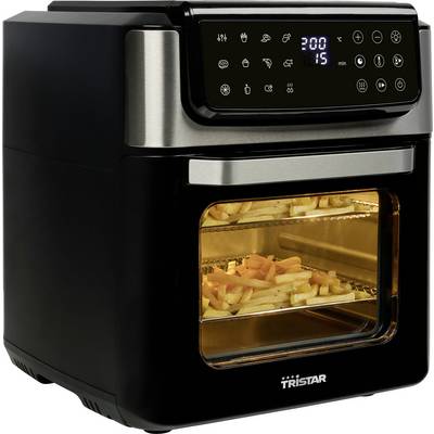 Ein schwarzer Heißluftfritteusenofen mit digitaler Anzeige zeigt 200 Grad und 15 Minuten an. Im Inneren backen Pommes frites.