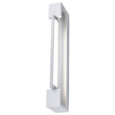 Moderne, rechteckige Wandleuchte aus silberfarbenem Metall mit integriertem, warmweißem LED-Lichtstreifen, ideal für stilvolle Innenräume.
