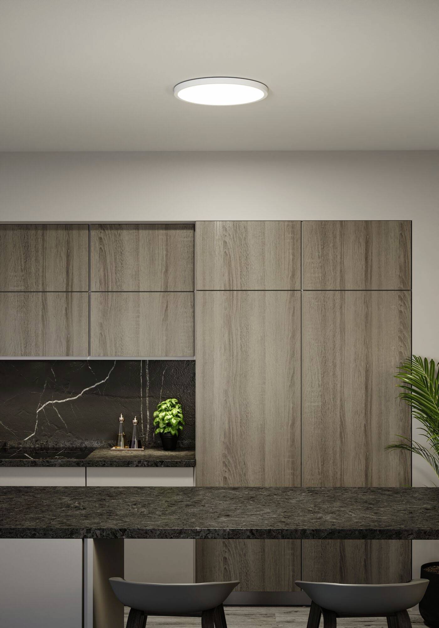 Moderne Küche mit Holzschränken und dunkler Marmorarbeitsfläche, beleuchtet von einer Deckenleuchte. Eine Pflanze steht auf der Theke.