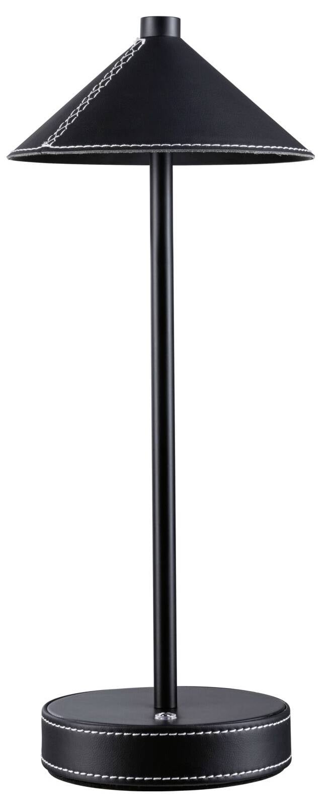 Schwarze Tischlampe mit konischem Schirm, nahtverziert.