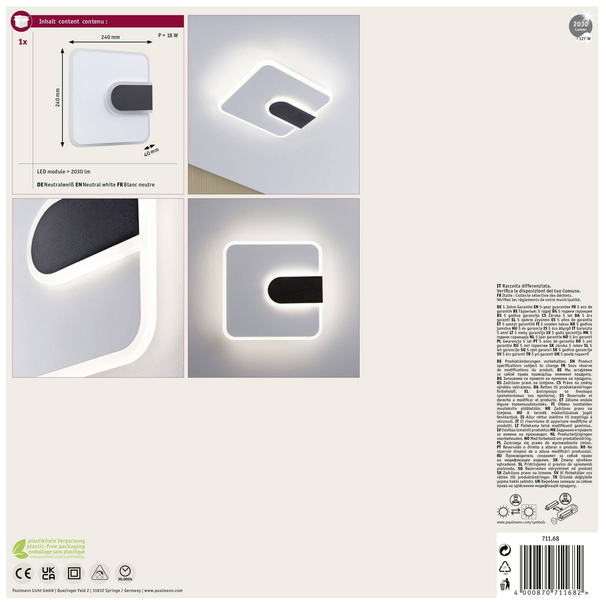 Beleuchtetes quadratisches LED-Wandelement in Schwarz mit weißem Rand. Montagediagramme und Produktinformationen auf der Verpackung.