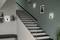 Treppe mit moderner Wandbeleuchtung, Pflanzen und Bilderrahmen an grüner Wand.