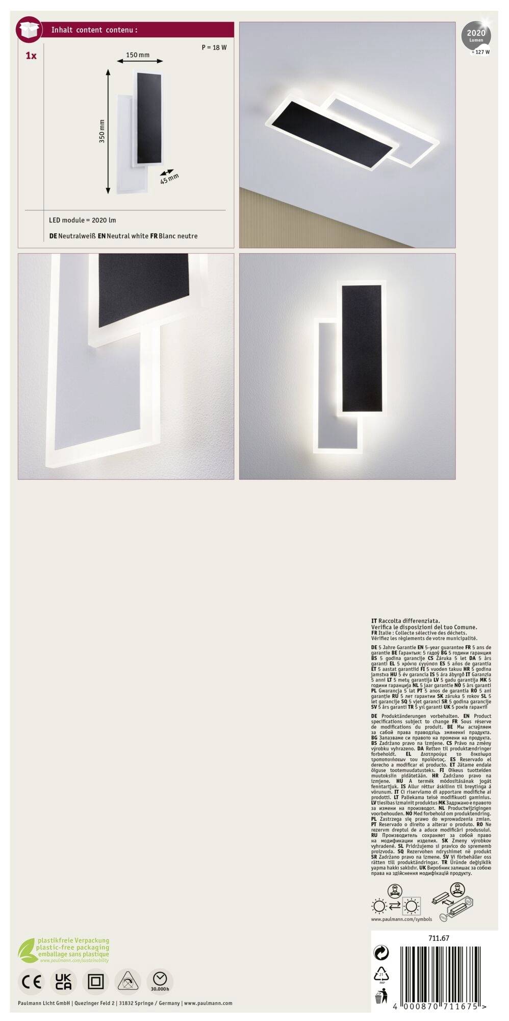 'LED Wandlicht schwarz und weiß, modern. Maße: 150 x 540 mm. Mit integriertem Schalter. Leistung: 900lm, 9W, 3000K warmweiß.'