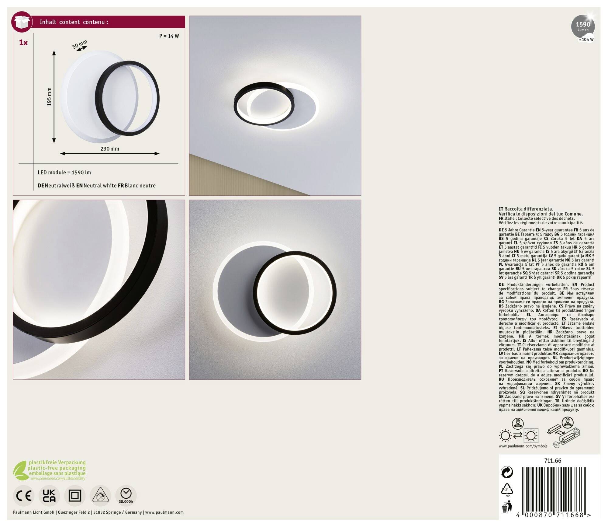 Wandleuchte in runder Form, mit LED-Beleuchtung, zeigt drei Ansichten: Nahaufnahme, seitliche Ansicht und frontal an der Wand montiert.