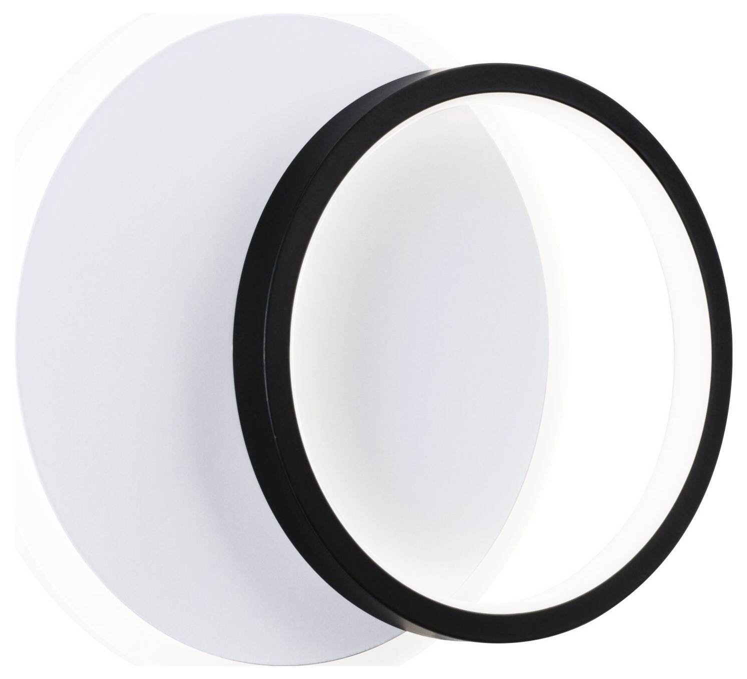 Runde, moderne Wandleuchte mit schwarzem Rahmen und weißem Leuchtbereich, die indirektes Licht spendet. Ideal für zeitgenössische Innenräume.