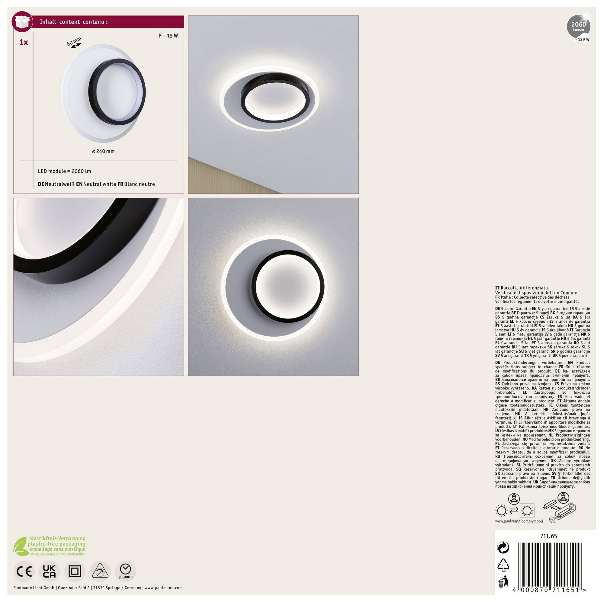 Drei Bilder zeigen eine runde Deckenleuchte mit LED-Ring und modernem Design. Auflistung von technischen Details und Spezifikationen daneben.