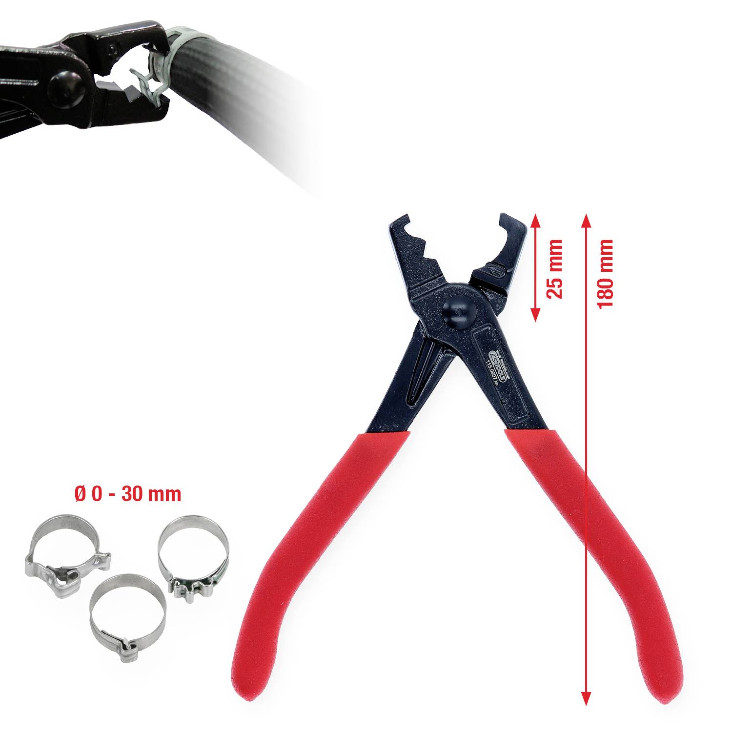 'Zange mit rot ummanteltem Griff und Skala', rechts. 'Zange beim Entfernen einer Schelle', links. Text: '0 - 30 mm'.