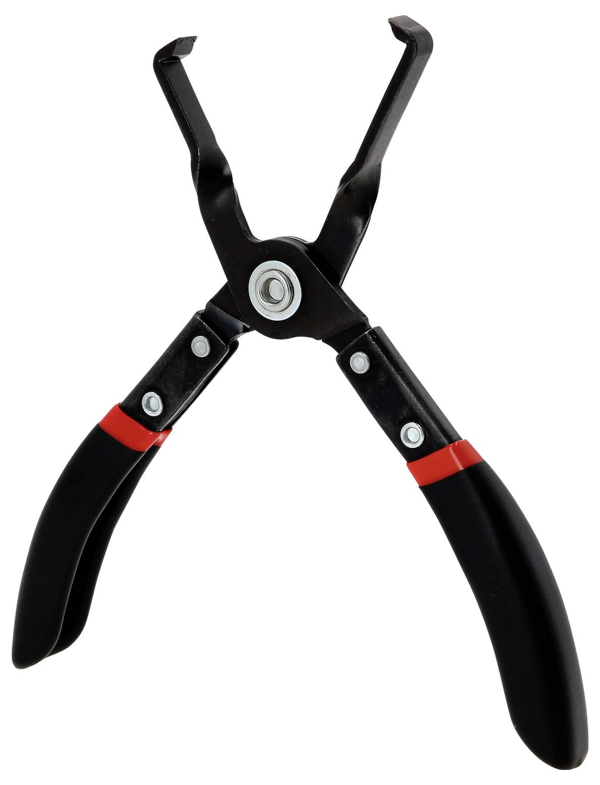 Eine schwarze Rundzange mit roten Akzenten, geöffnet, geeignet für technische Arbeit und Präzisionsaufgaben.
