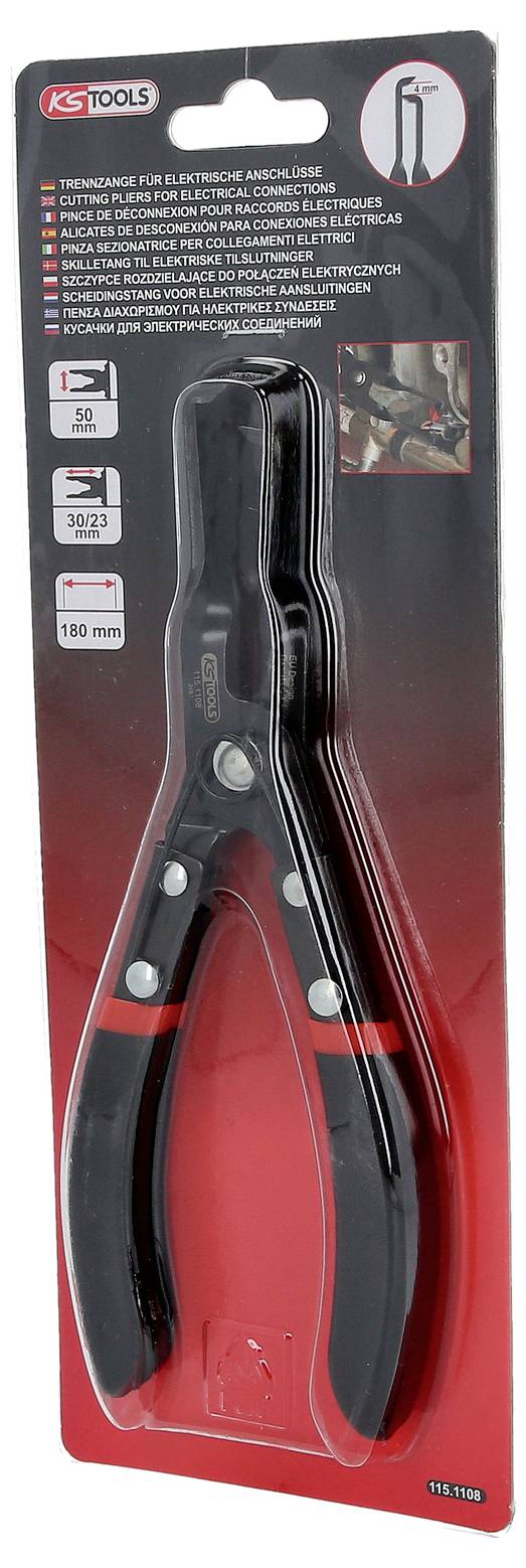 Verpackung mit einer Zange von KS Tools, geeignet für Arbeiten an Elektronik. Verpackung beschreibt Spezifikationen und Anwendungsbereich.