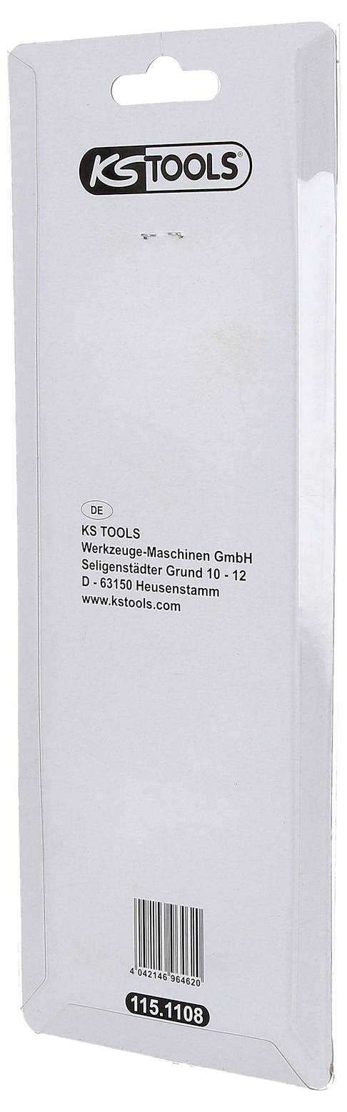 Rückseite einer Verpackung von KS TOOLS mit Firmenadresse und Webadresse auf hellem Hintergrund. Oben Firmenlogo.