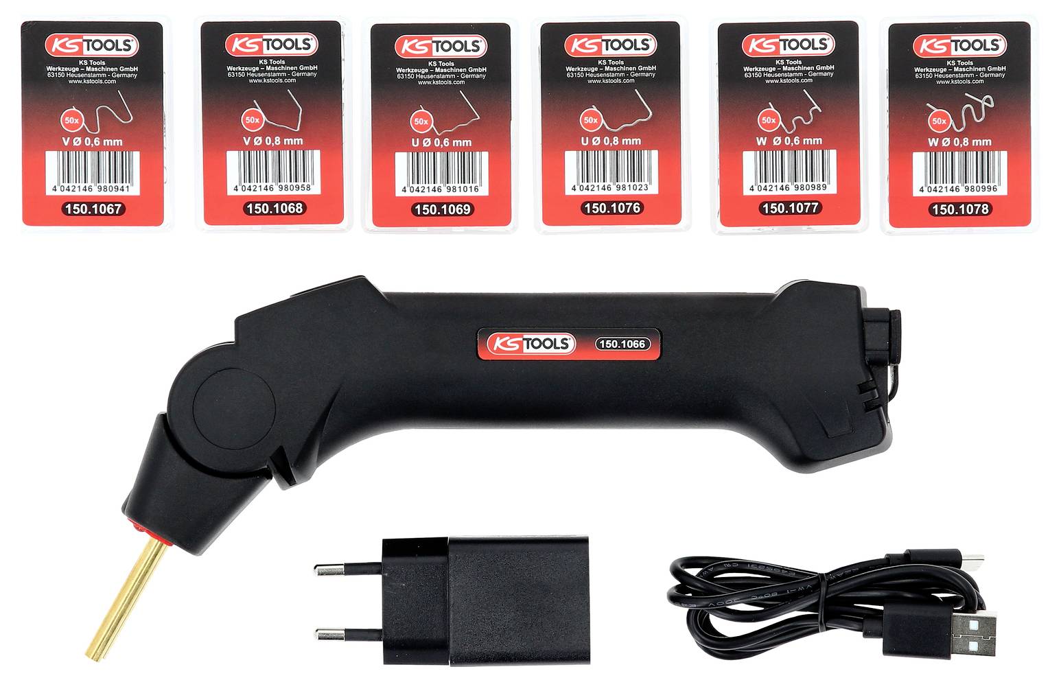 Wärmegerät-Set mit sechs verschiedenen Kunststoffschweißdrähten, Ladegerät und USB-Kabel.