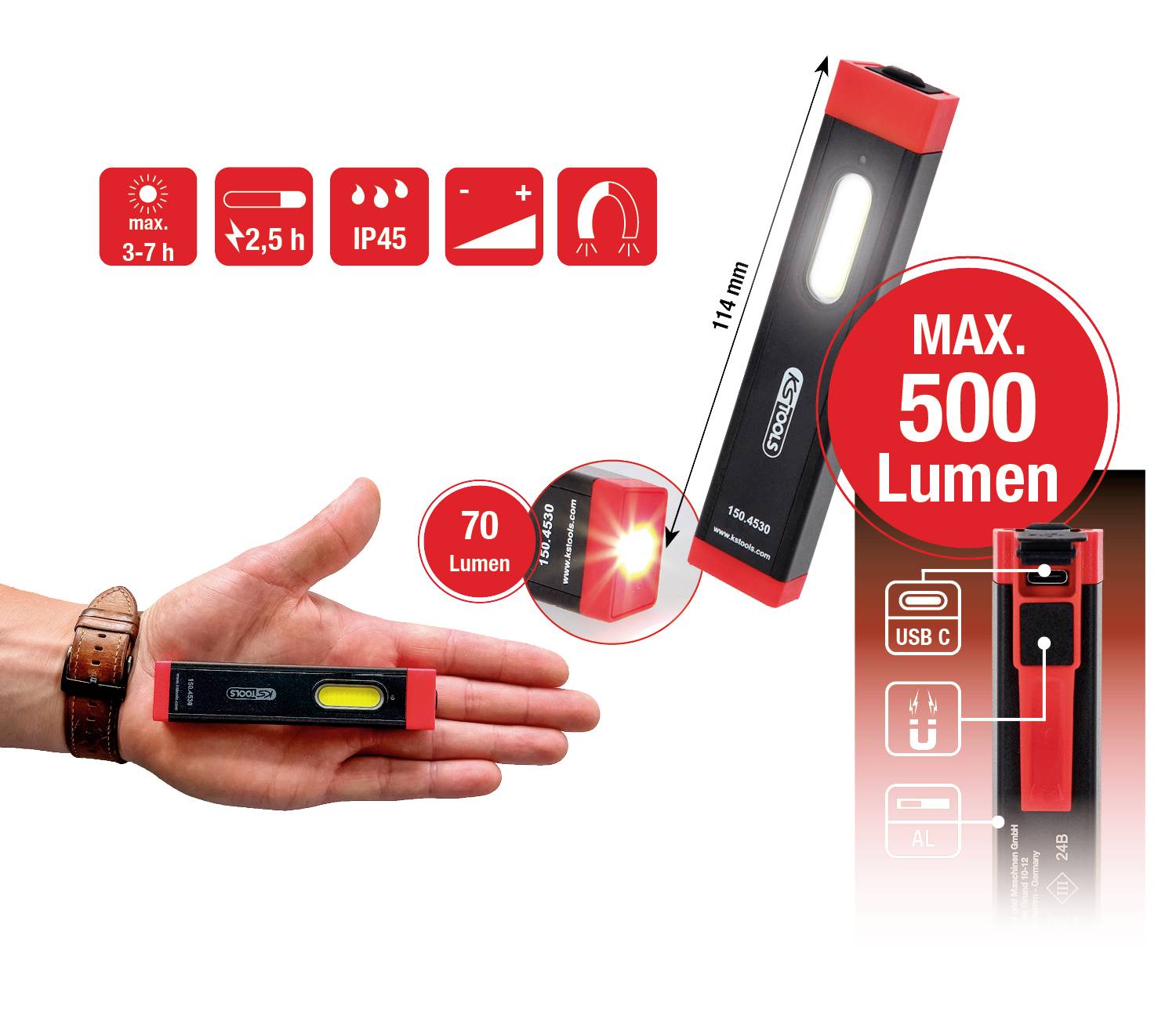 'Kompakte LED-Leuchte, 114mm, mit max. 500 Lumen. Laufzeit 3-7h, IP45-Schutz, aufladbar über USB-C. Handgröße zeigt Leuchtenmaß.'