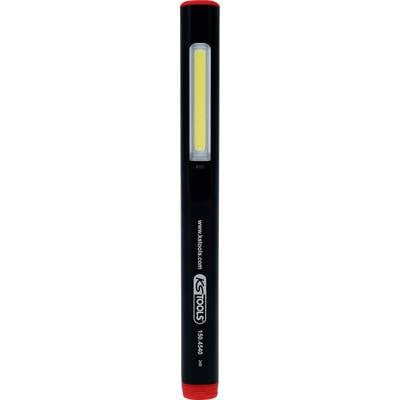 Tragbare schwarze LED-Stablampe mit gelber Leuchtfläche und rotem Ende, geeignet für präzises Arbeiten in dunklen Umgebungen.