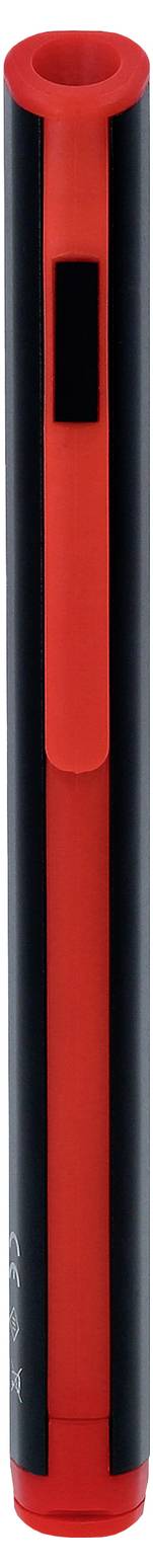 Roter und schwarzer zylinderförmiger Stift, vertikal ausgerichtet, mit abgerundeten Ecken und glatter Oberfläche.