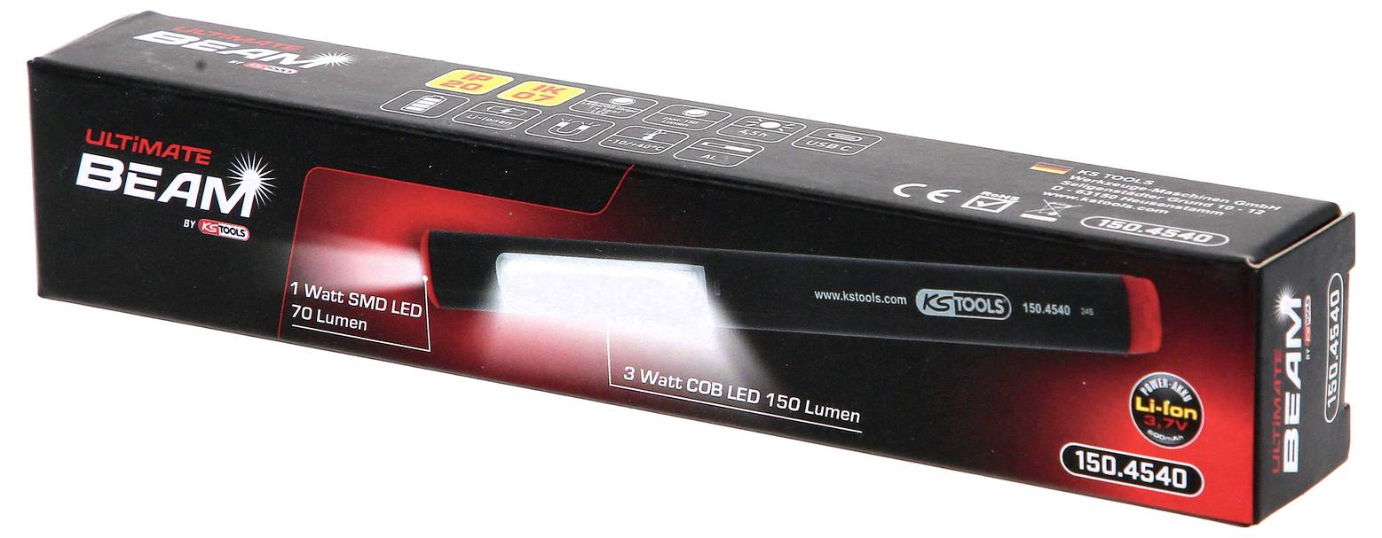 Schwarze LED-Lampe in Verpackung. Beschriftet mit '3 Watt COB LED 150 Lumen' und Markenlogo.