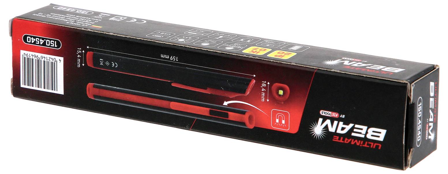 Eine rechteckige Verpackung mit der Aufschrift 'ULTIMATE BEAM'. Zeigt das Produkt und einen Barcode. Die Farben sind überwiegend schwarz und rot.