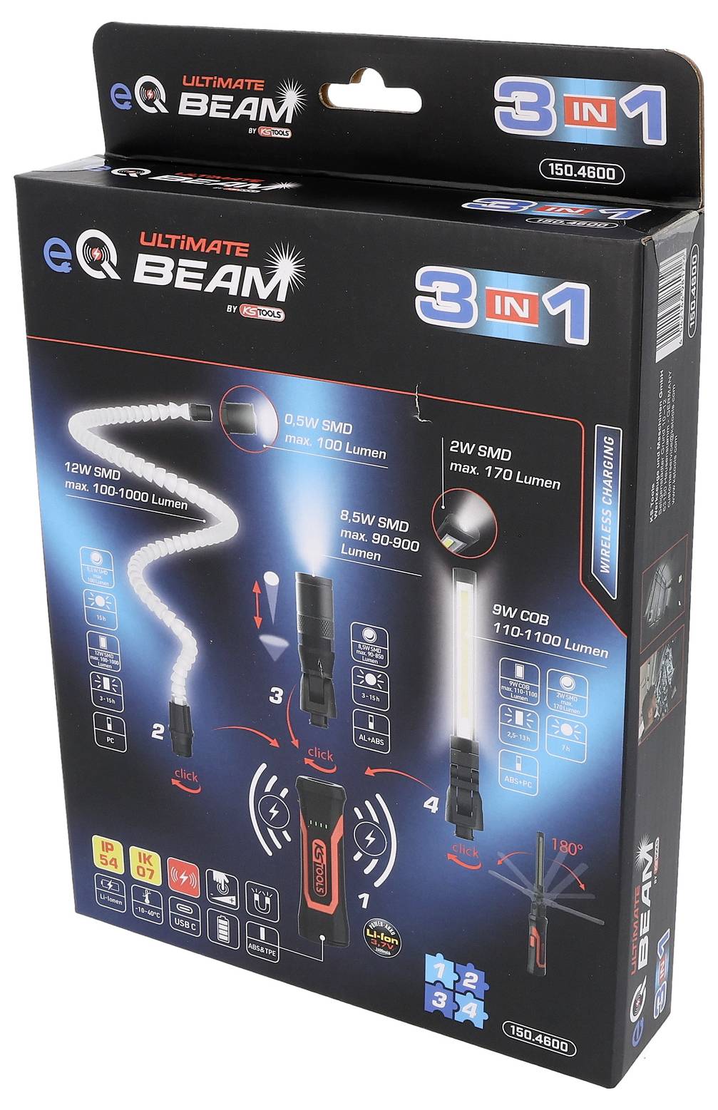 Verpackung für ein „eQ BEAM Ultimate" 3-in-1 Arbeitslicht, das drei Beleuchtungsmodi, Helligkeitsstufen und kabellose/gewinkelte Verwendungsmerkmale zeigt.