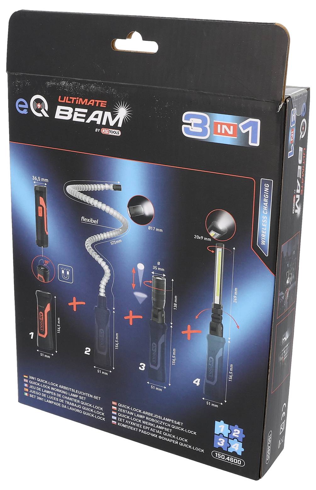 Boxed eQ Ultimate Beam 3-in-1 Teleskop-Arbeitsleuchte mit flexiblem Kopf, Magnetfuß und aufsteckbarem Zubehör.