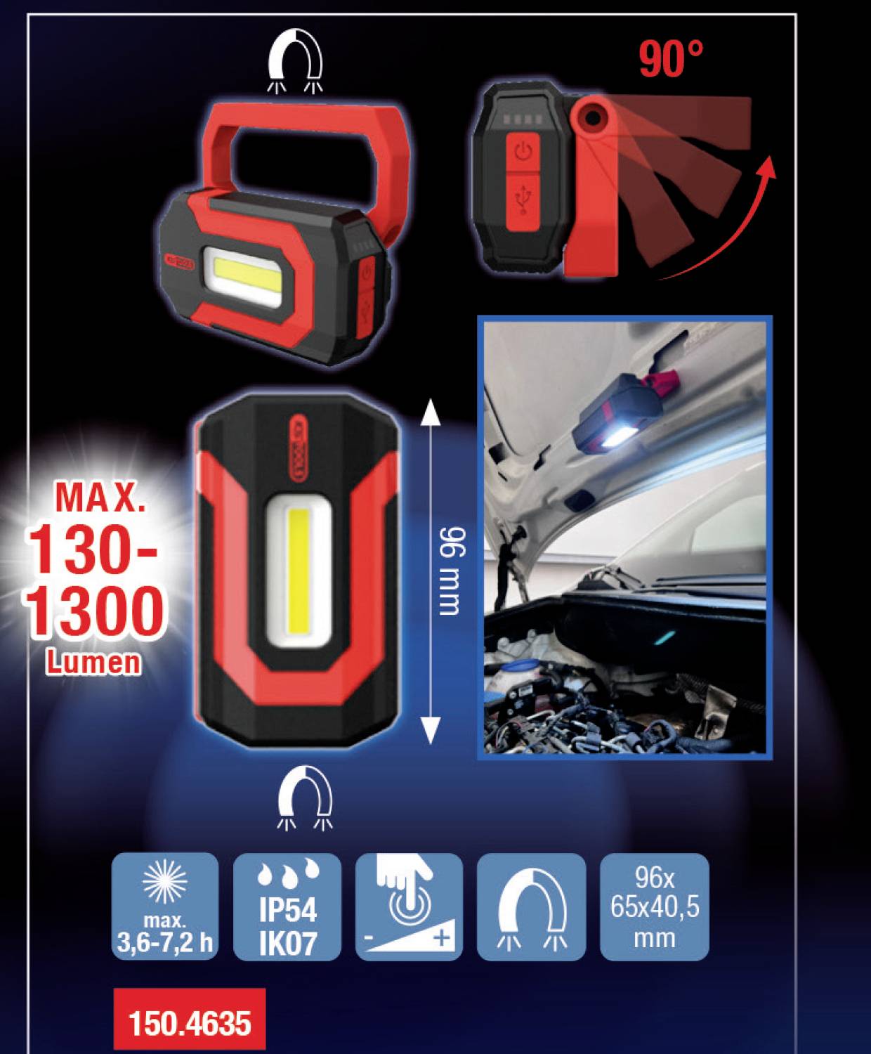 Tragbare LED-Arbeitslampe, rot-schwarz, mit 130-1300 Lumen. Drehbar um 90 Grad, IP54, IP67 Schutz, Abmessungen: 96x65x40,5 mm.