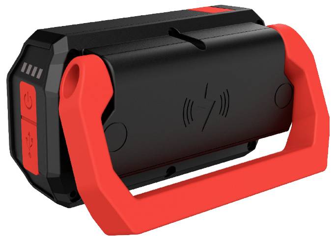Schwarzes tragbares Ladegerät mit rotem Griff und kabellosem Ladezeichen. Enthält Power- und USB-Anschlüsse auf der Seite.